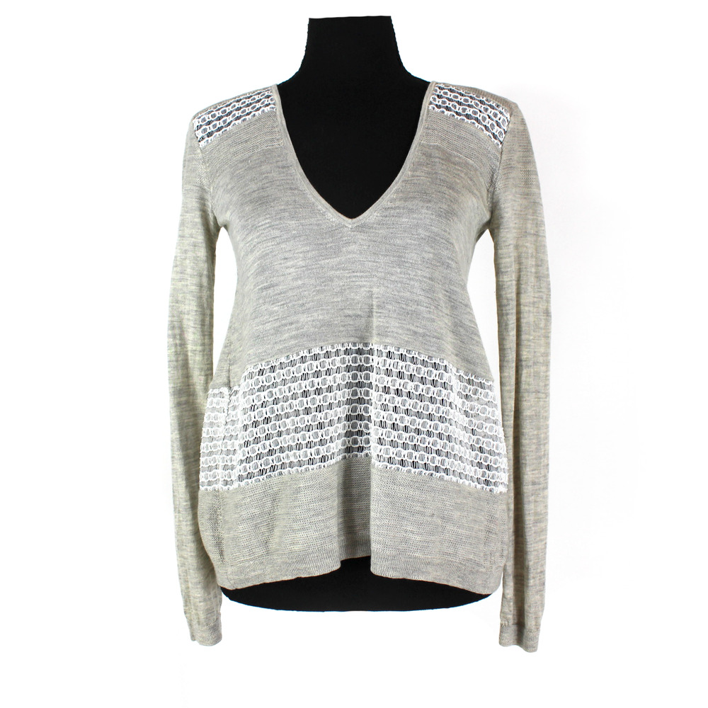Prabal Gurung Wool Cashmere Sweater Silk White Sheer Stitch V Neck Size XS